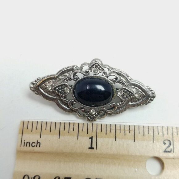 Vintage Black Cabochon and Silver Tone Brooch, Unisex Design, Estate Lapel Pin - Picture 4 of 6